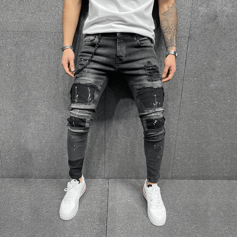 Men'S New Patch Ripped Elastic Skinny Jeans - MRSLM