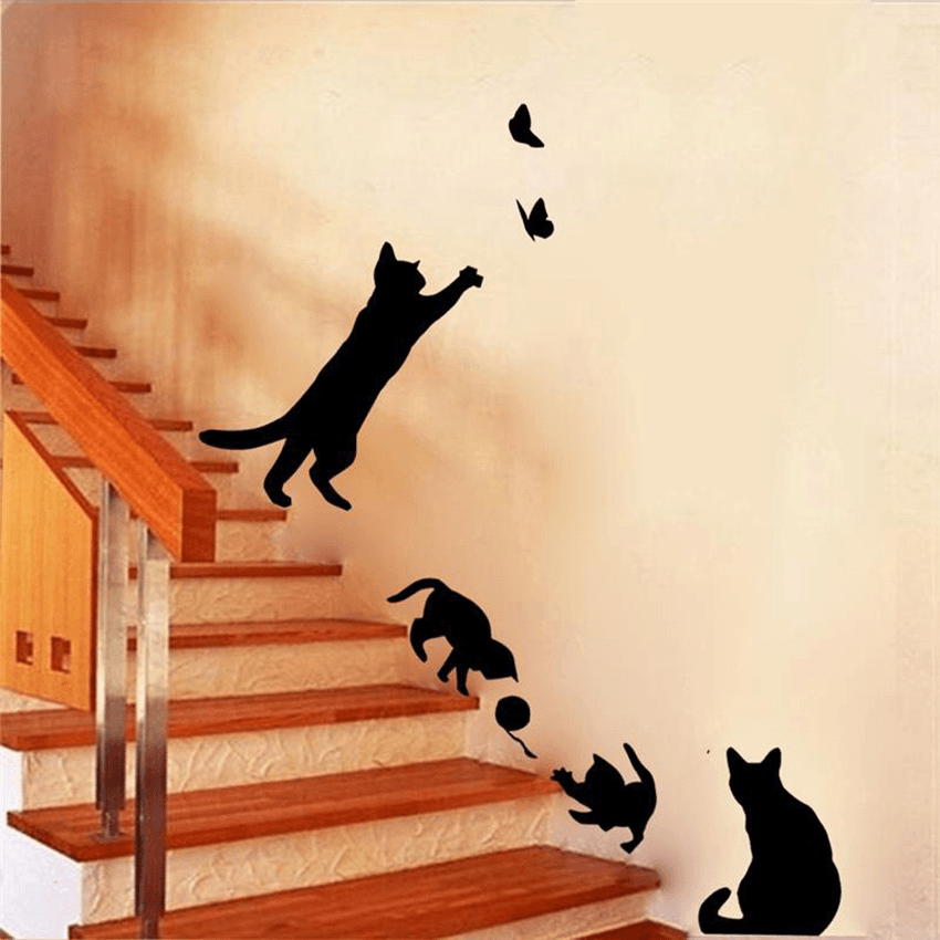 Removable Cat Play Butterflies Wall Sticker for Bedroom, Kitchen, and Living Room Decor - MRSLM