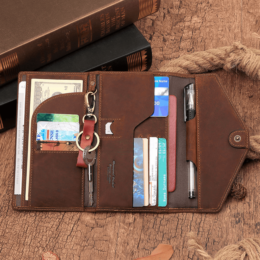 Men Genuine Leather RFID Anti-Theft Travel Hand-Carry Passport Bag Multi-Slots Card Holder Wallet with Keychain Pen Slot - MRSLM