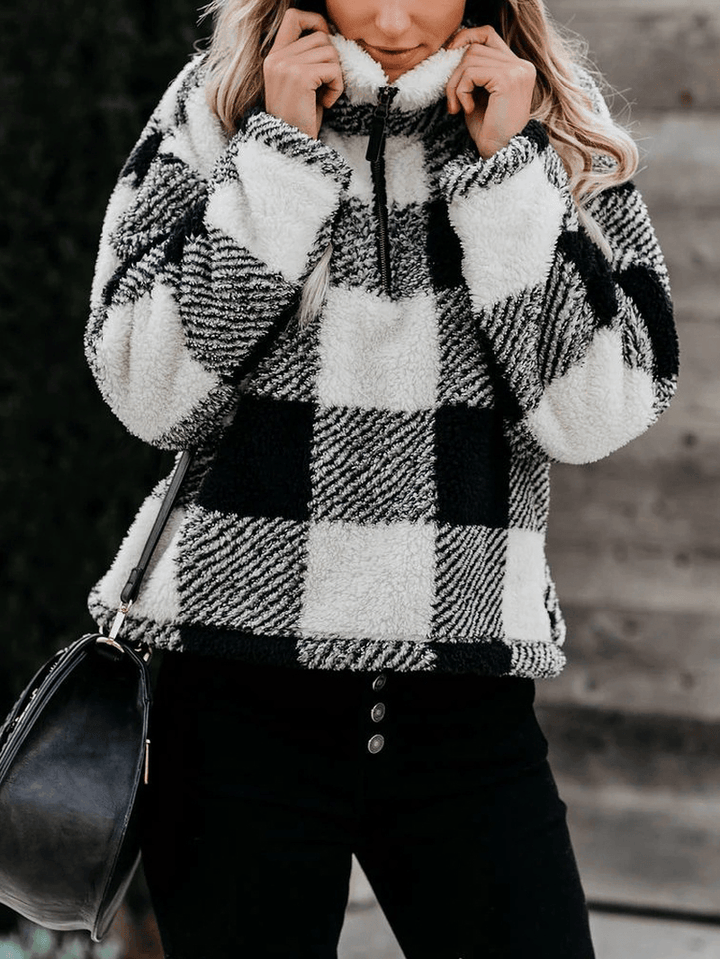 Women Plaid Print Half Zipper Front Pullover Sweatshirts Warm Coats - MRSLM