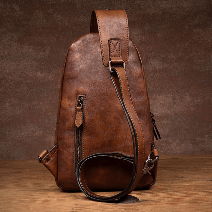 Ekphero Men Multifunction Rub Color Wear-Resistant Chest Bag Vintage PU Leather Large Capacity Crossbody Bags - MRSLM