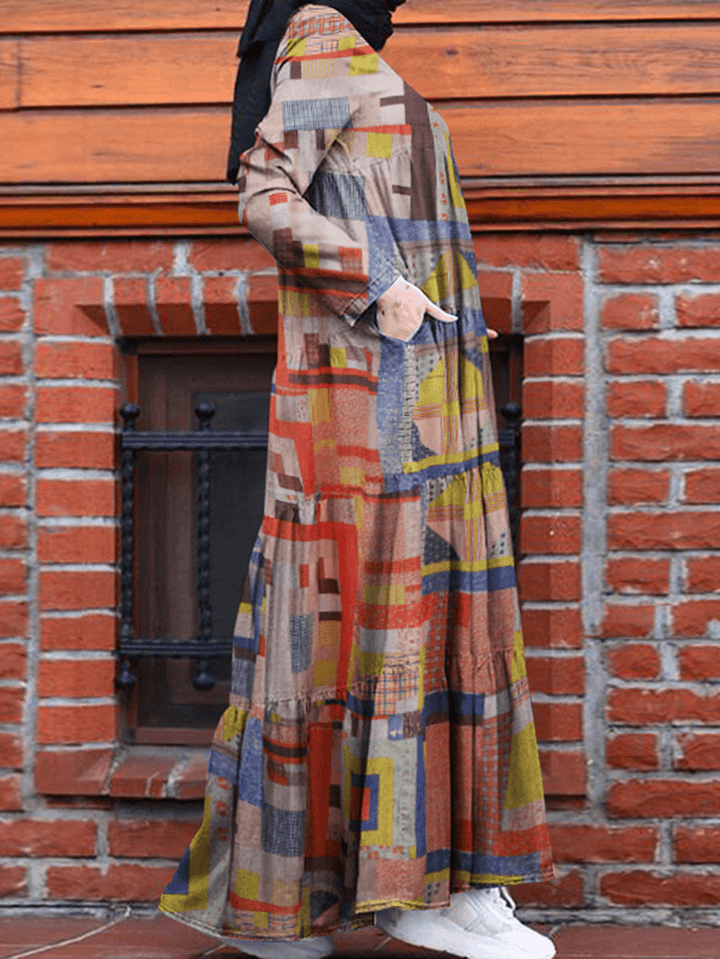 Women Abstract Print Tiered Vintage Robe Long Sleeve Maxi Dresses with Pocket - MRSLM