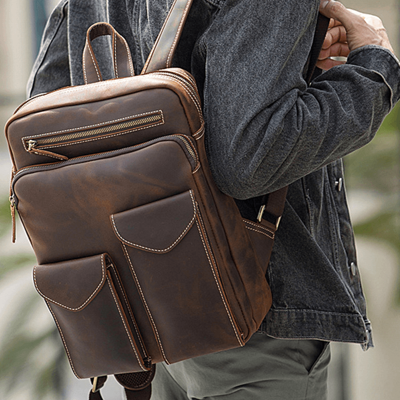 Men Genuine Leather Large Capacity Retro Casual Fashion 14 Inch Laptop Bag Travel Bag Business Backpack - MRSLM