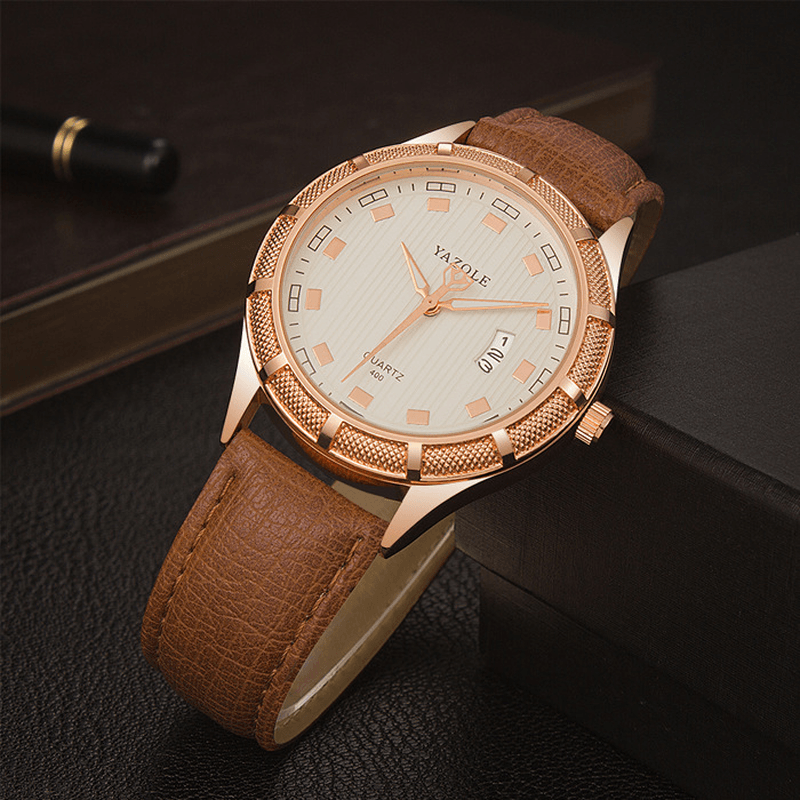 YAZOLE 400 Luminous Hand Quartz Watches Date Display Leather Strap Men Wrist Watch - MRSLM