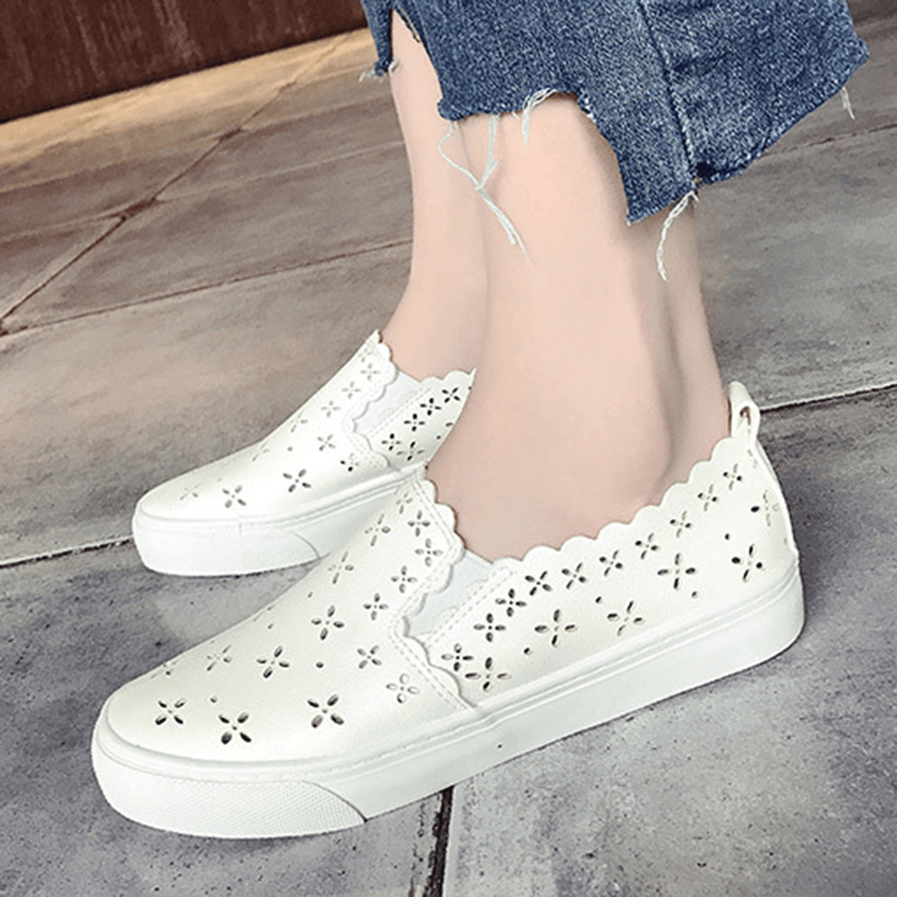 Women Flowers Hollow Comfy Breathable White Flats for Student - MRSLM