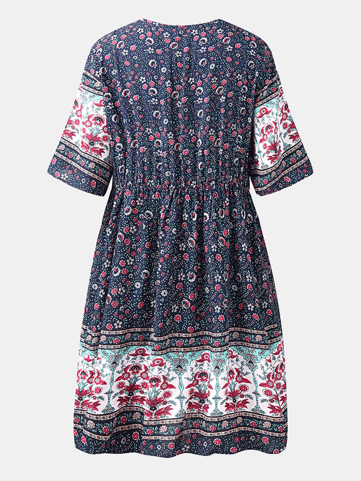 Bohemia Floral Ethnic V-Neck Button Short Sleeve Print Dress - MRSLM