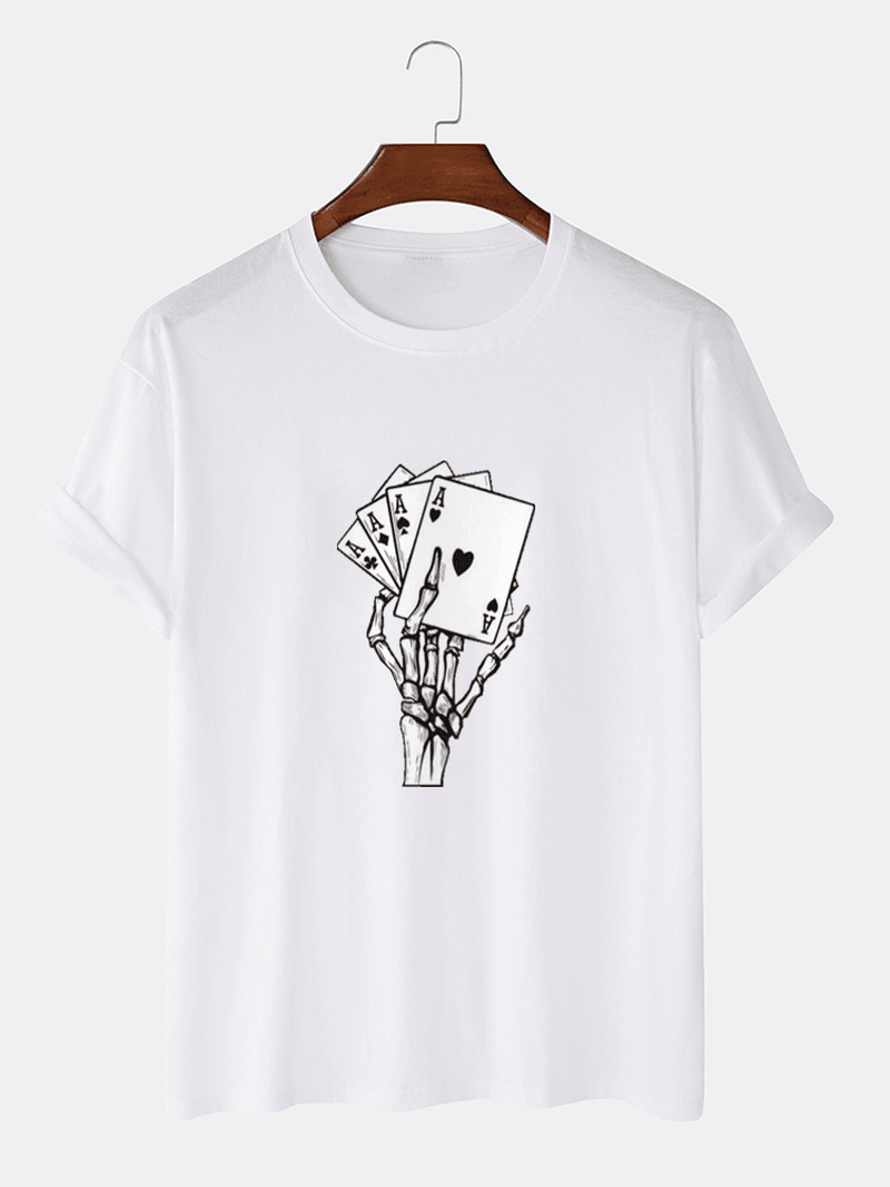 Mens Poker Skeleton Hand Graphics Street 100% Cotton Short Sleeve T-Shirt - MRSLM