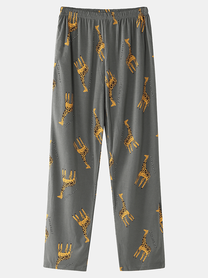 Mens Cartoon Giraffe Letter Print Drop Shoulder Cotton Cozy Pajamas Sets - MRSLM