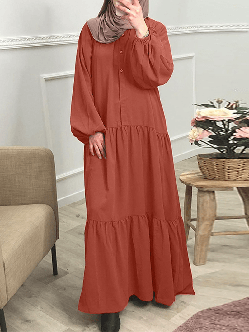 Women Solid Color Button down Front Puff Sleeve Kaftan Robe Maxi Dress - MRSLM