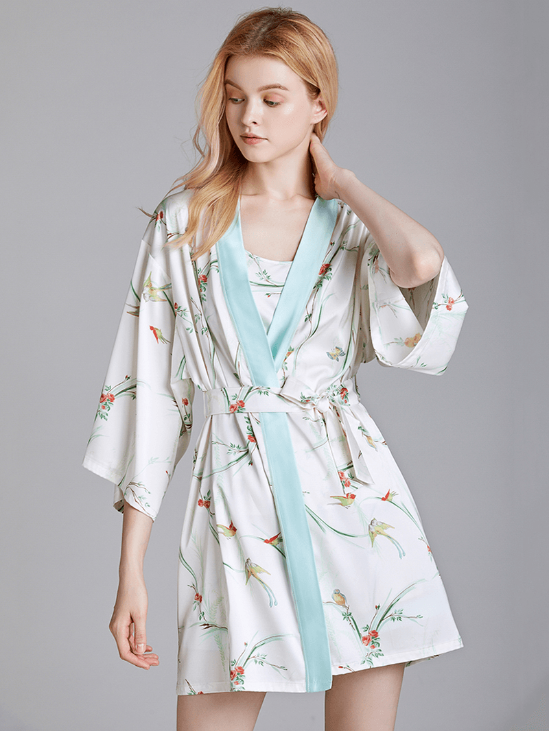 Flora Printed Sling Three-Piece Short Pajama Set with Robe Sleepwear - MRSLM