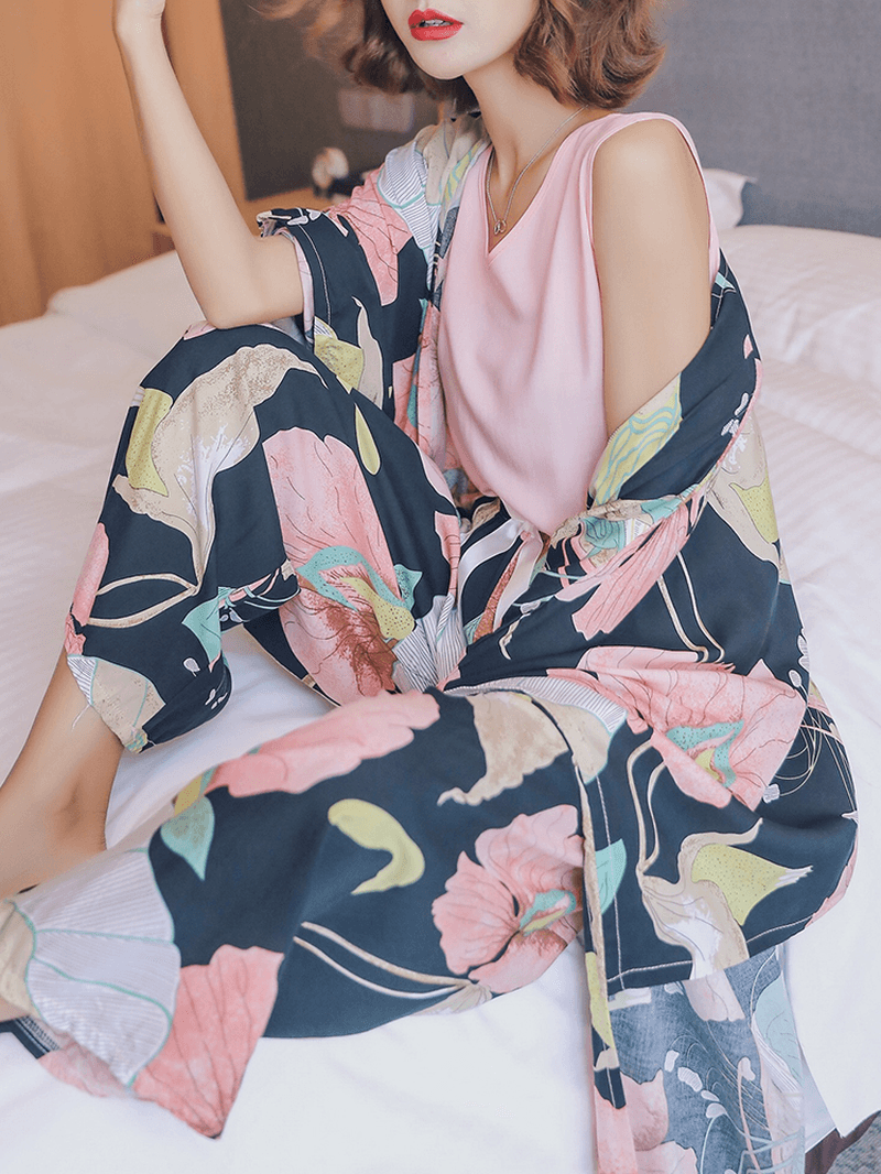 4Pcs Women V-Neck Sleeveless Pink Tops Floral Print Pants Home Casual Pajamas with Robes - MRSLM