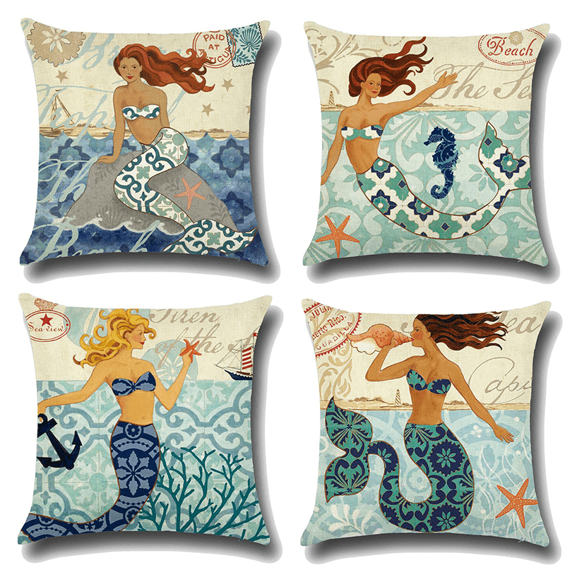 Cartoon Mermaid Printed Cotton Linen Square Cushion Cover House Sofa Car Decor Pillow Case - MRSLM