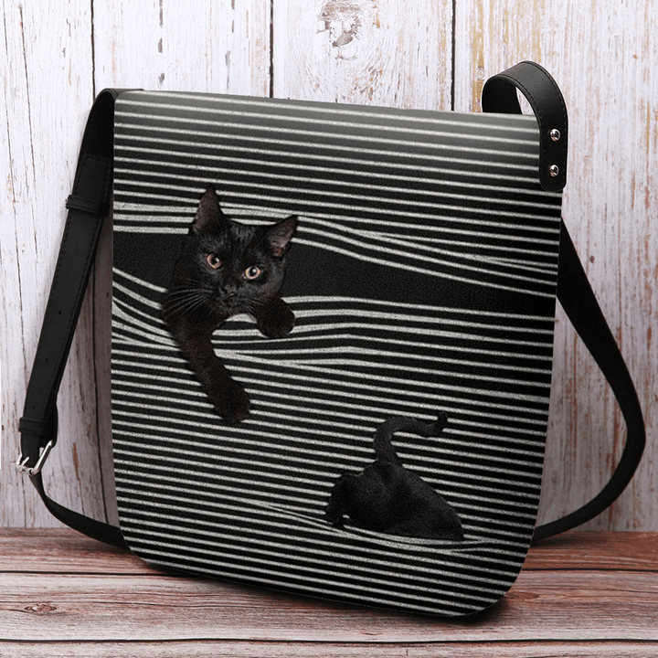 Women Felt Stripe Pattern Three-Dimensional Vision Cat Print Shoulder Bag Crossbody Bag - MRSLM