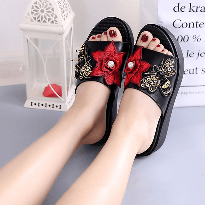 Women Summer Sandals Slip on Soft Sole Flower Embroidery Slippers - MRSLM