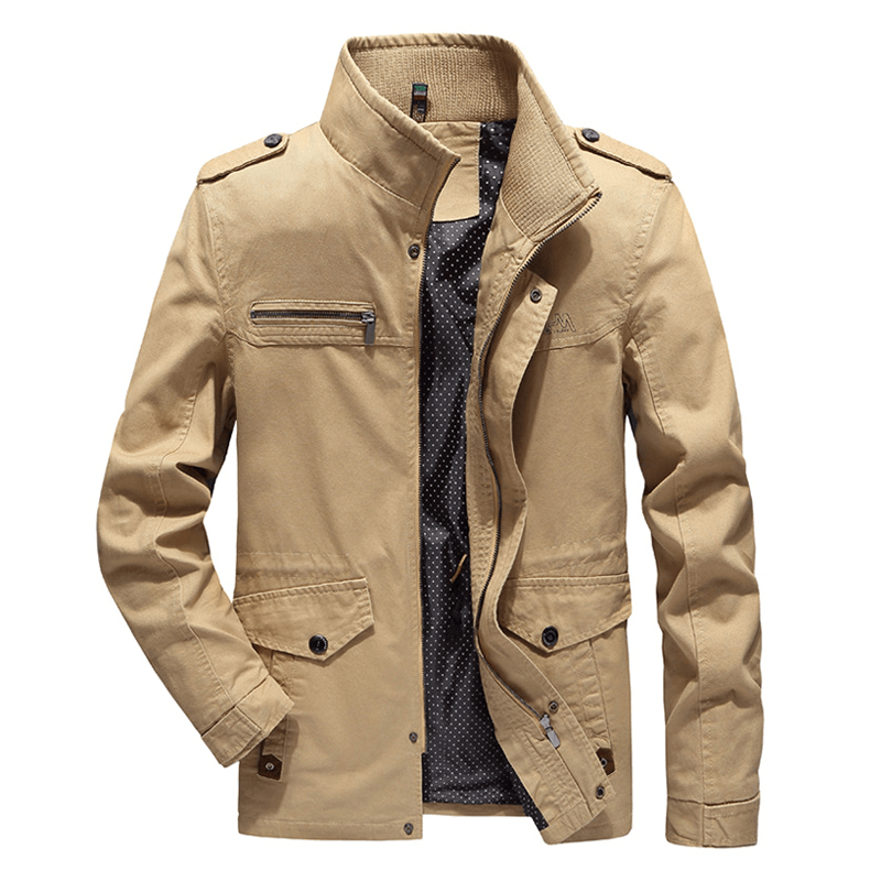 Mens Stand Collar Cotton Pocket Autumn Outdoor Cargo Jacket - MRSLM