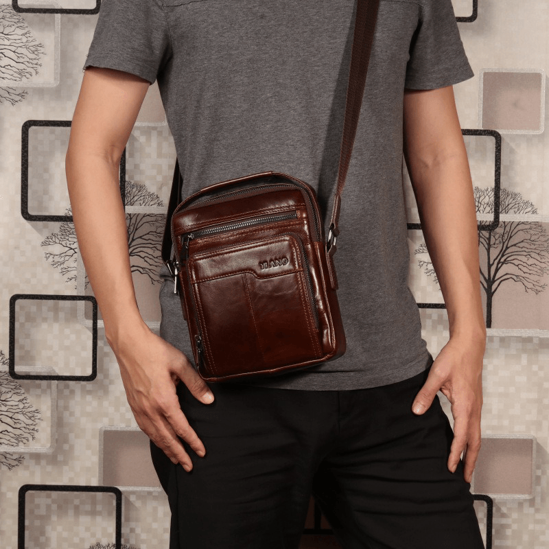 Men Genuine Leather Business Multi-Pocket Shoulder Bag Phone Bag - MRSLM