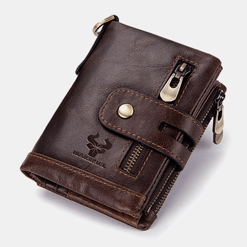 Men Genuine Leather RFID Anti-Scanning Anti-Theft Zipper Wallet with Chain - MRSLM