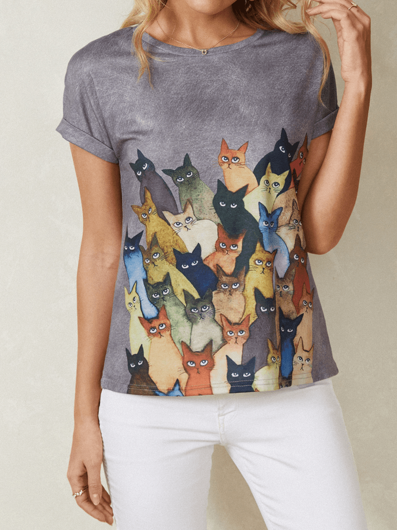 Women Cute Cat Print round Neck Casual Short Sleeve T-Shirts - MRSLM