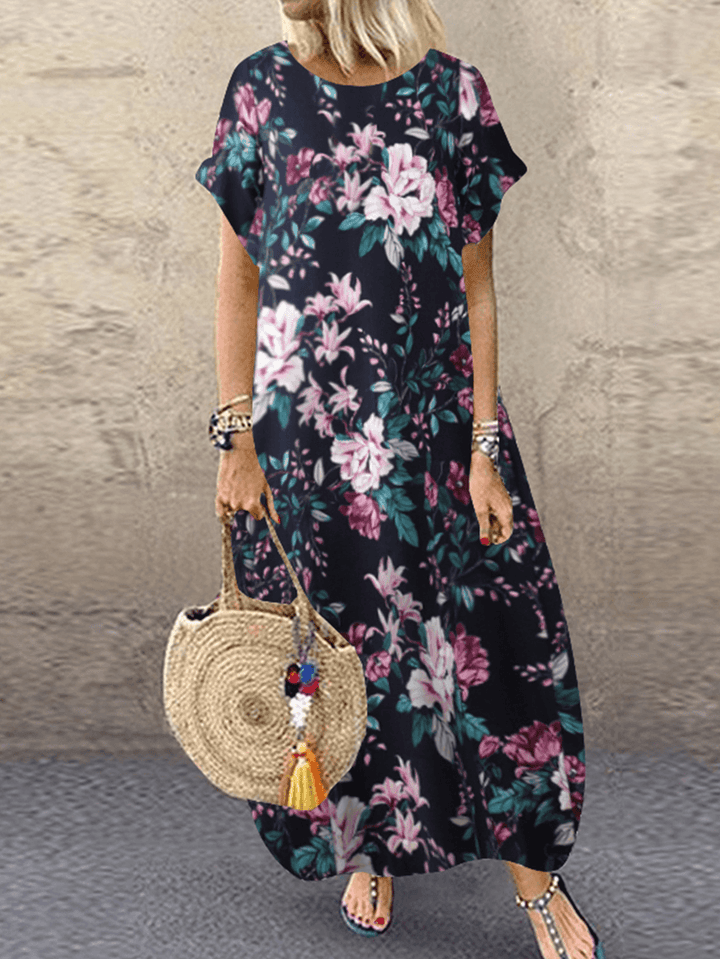 Women 100% Cotton O-Neck Floral Print Leisure Dress with Side Pockets - MRSLM