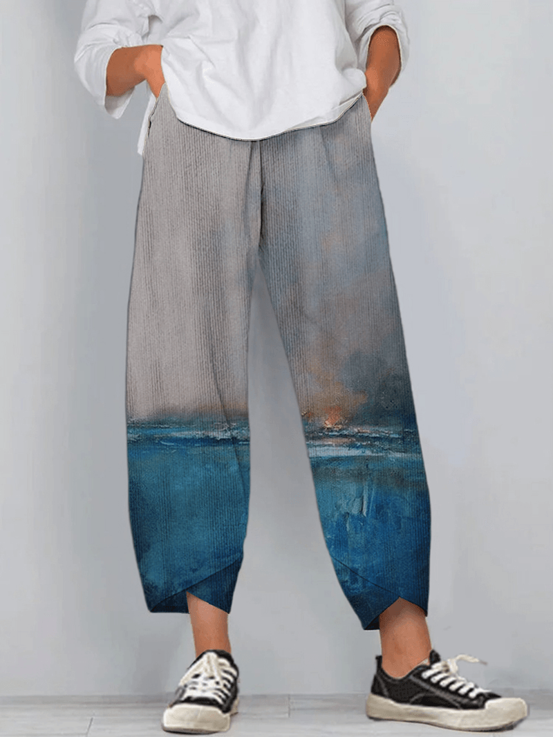 Women Landscape Print Corduroy Splited Elastci Waist Casual Harem Pants - MRSLM