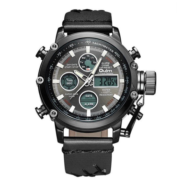 OULM 3811 Waterproof LED Dual Display Watch Casual Style Genuine Leather Strap Quartz Watch - MRSLM