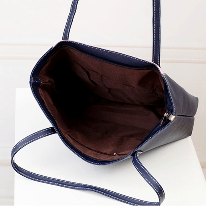 Women PU Leather Large Capacity Color Block Handbag Shoulder Bag - MRSLM