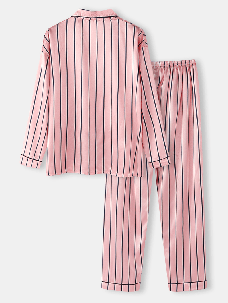 Women Pink Stripe Print Camp Collar Long Sleeve Home Casual Faux Silk Pajama Sets - MRSLM