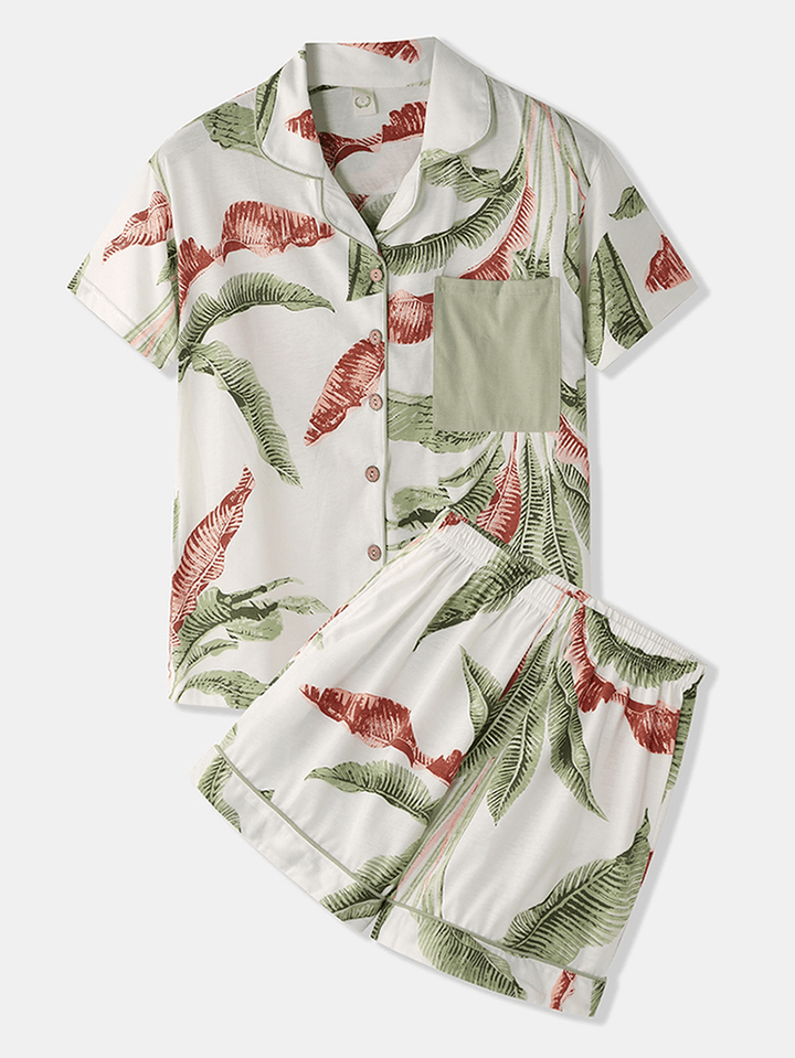 Women Tropical Plant Leaves Print Button up Revere Collar Short Sleeve Home Casual Pajama Set - MRSLM