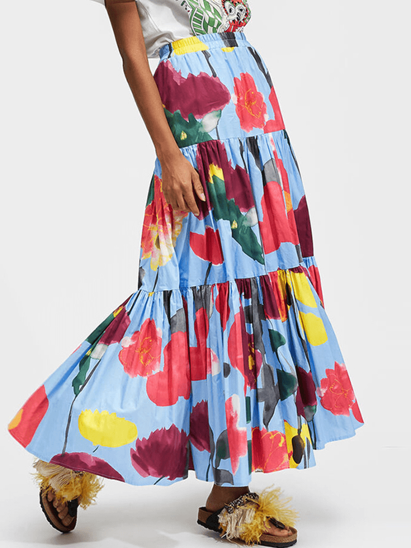 Women Colorful Floral Print Loose Elastic Waist A-Line Long Tiered Layered Skirt - MRSLM