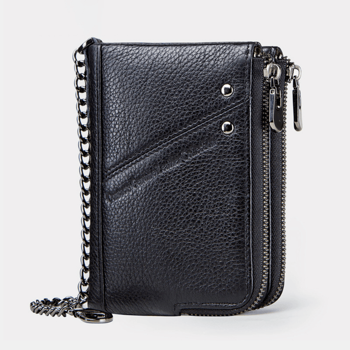 Men Genuine Leather RFID Blocking Anti-Theft Vintage Zipper Coin Bag Card Holder Chain Wallet - MRSLM