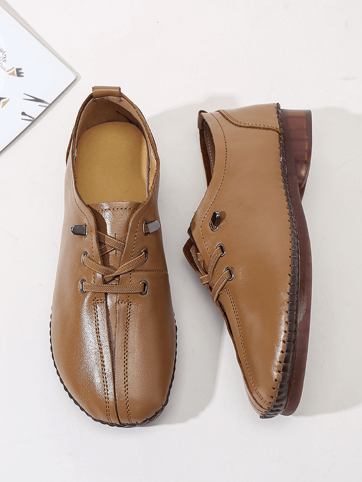 Women Comfy Stitching Genuine Leather Soft Lace up Flats Loafters - MRSLM