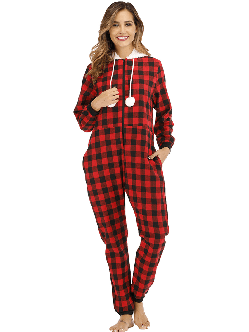 Striped Lattice Hooded Long Sleeve with Pocket Onesie Pajama Set - MRSLM
