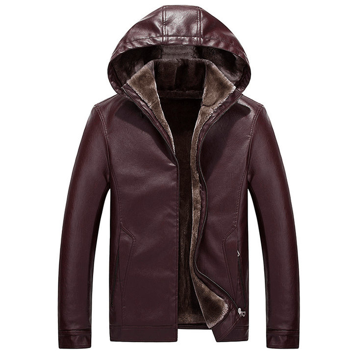 Mens Fashion PU Zipper Windproof Hooded Warm Jacket - MRSLM
