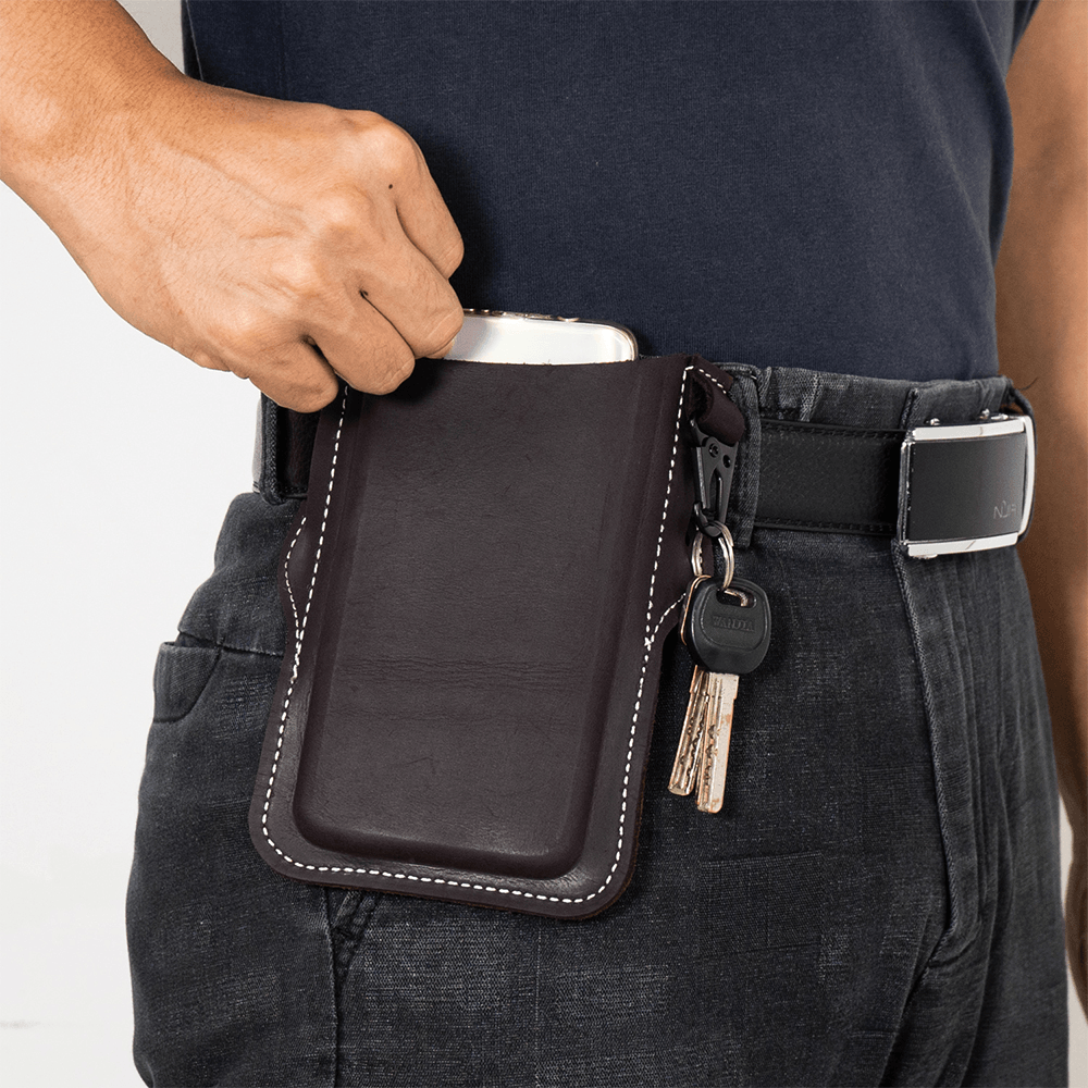 Men Genuine Leather Retro Easy Carry Car Keychain Phone Bag Belt Bag Waist Bag with Belt Loop - MRSLM