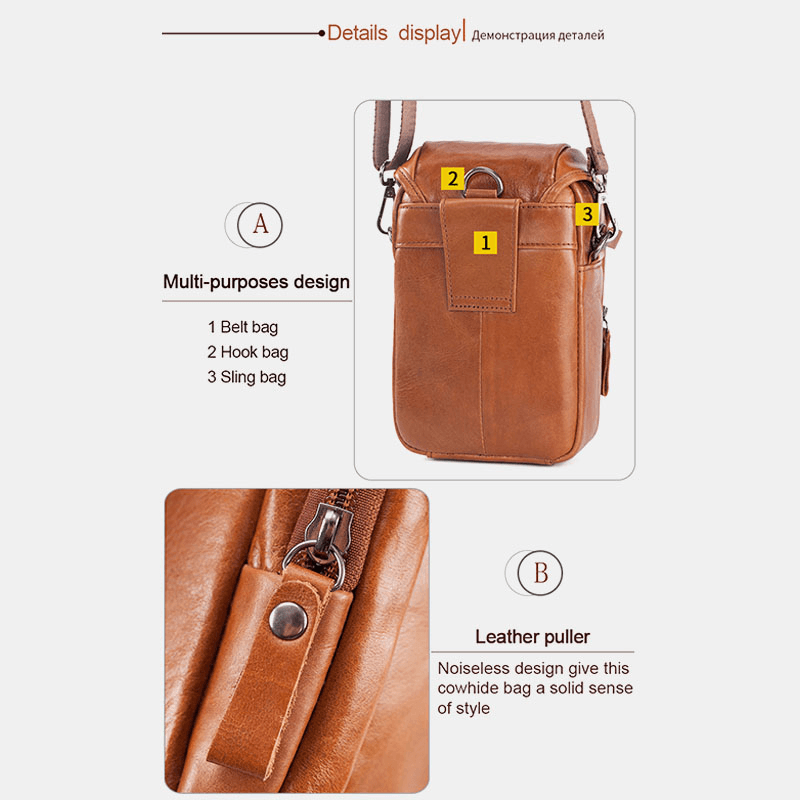 Men Genuine Leather Crossbody Bag Shoulder Bag Phone Bag Waist Belt Bag for Outdoor - MRSLM
