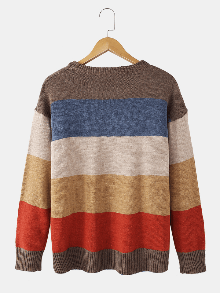 Mens Striped Knitting round Neck Long Sleeve Warm Sweaters - MRSLM