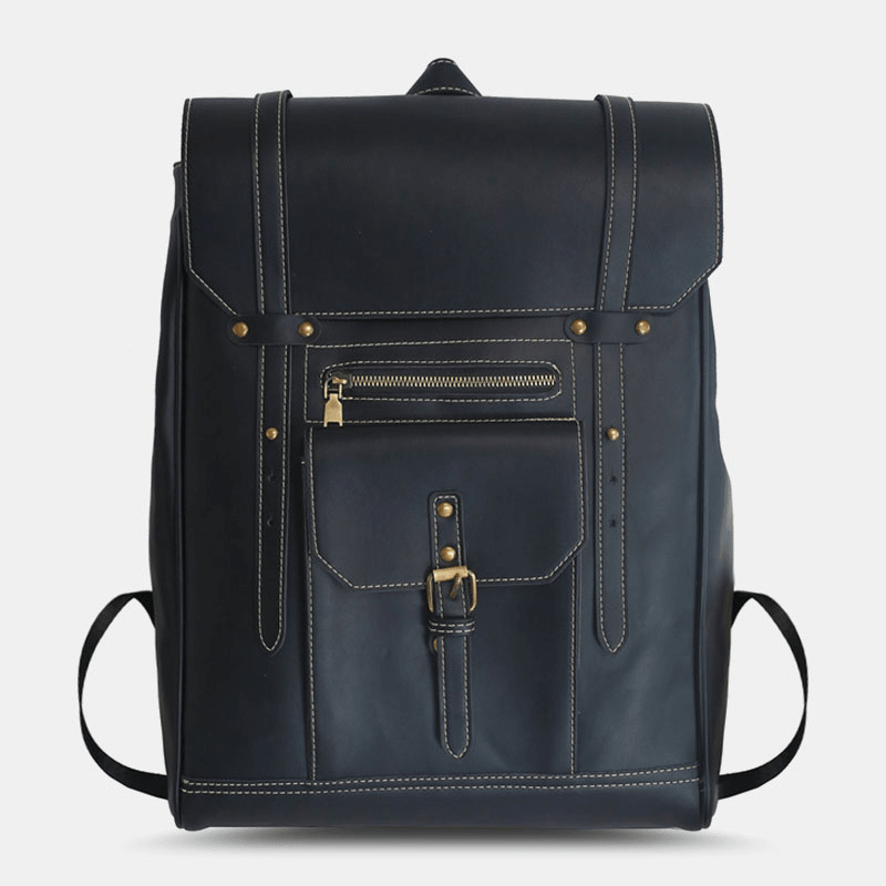 Men Retro PU Soft Leather Large Capacity Backpack Waterproof Breathable Front Pocket Design Shoulder Bag - MRSLM