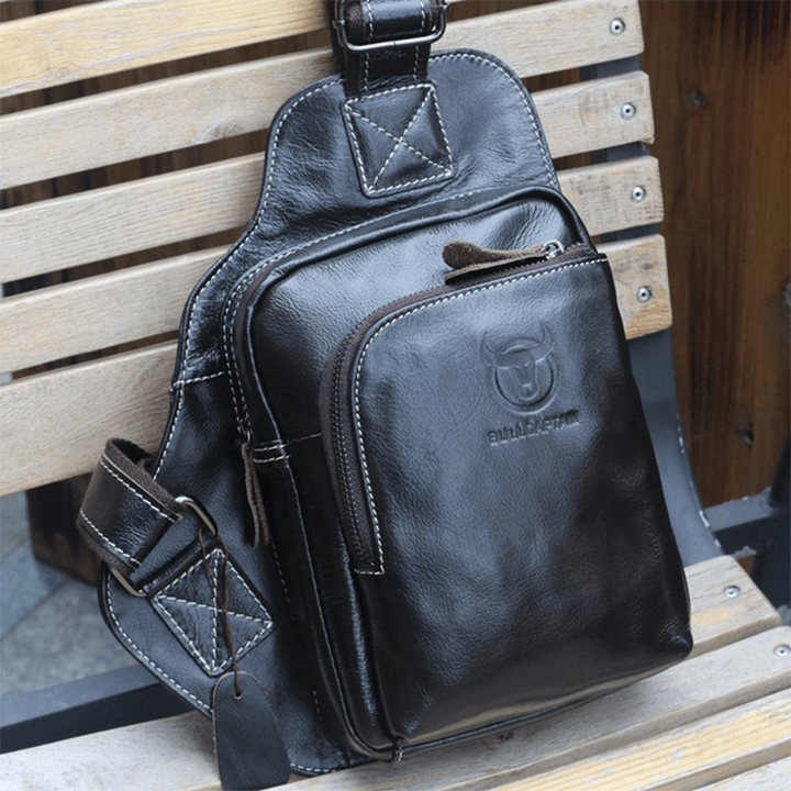 Bullcaptain® Men Genuine Leather Sling Bag Business Casual Outdoor Chest Crossbody Bag for Ipad Mini - MRSLM