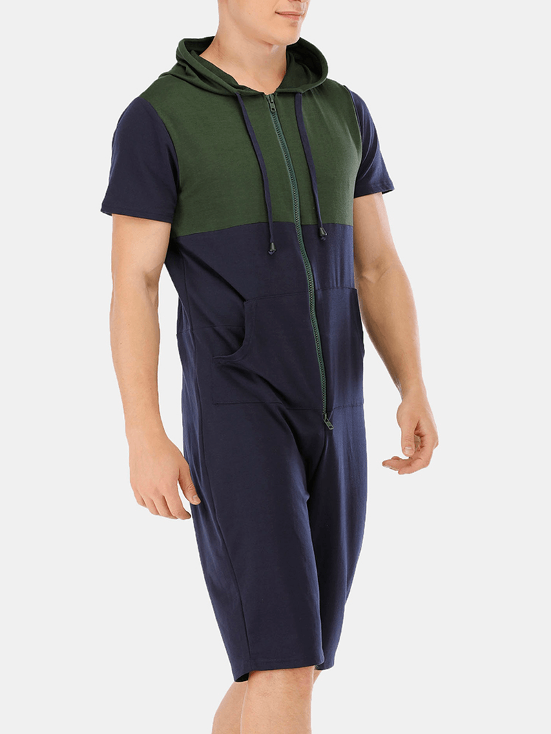 Mens New Fashion Casual Patchwork Short Sleeve Jumpsuit Sleepwear - MRSLM