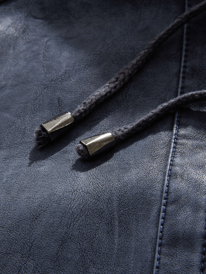 Men PU Letter Elastic Hem Drawstring Hooded Zipper Jackets - MRSLM
