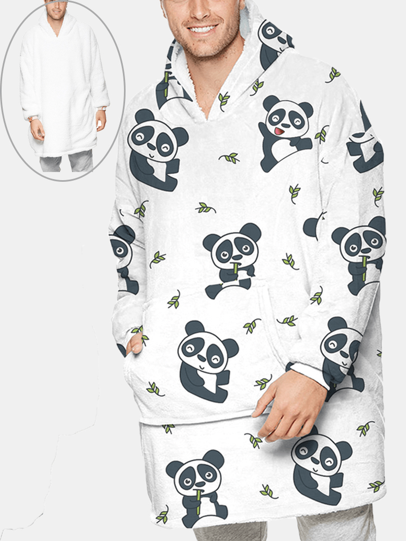 Mens Cute Panda Printed Flannel Oversized Two-Sided Blanket Hoodie with Pouch Pocket - MRSLM