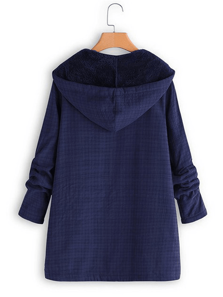 Women Fleece Long Sleeve Plaid Casual Coats with Pocket - MRSLM