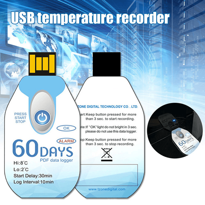 USB Temperature Logger Recorder Temperature Data Logger Disposable 60 Days Recording NE - MRSLM