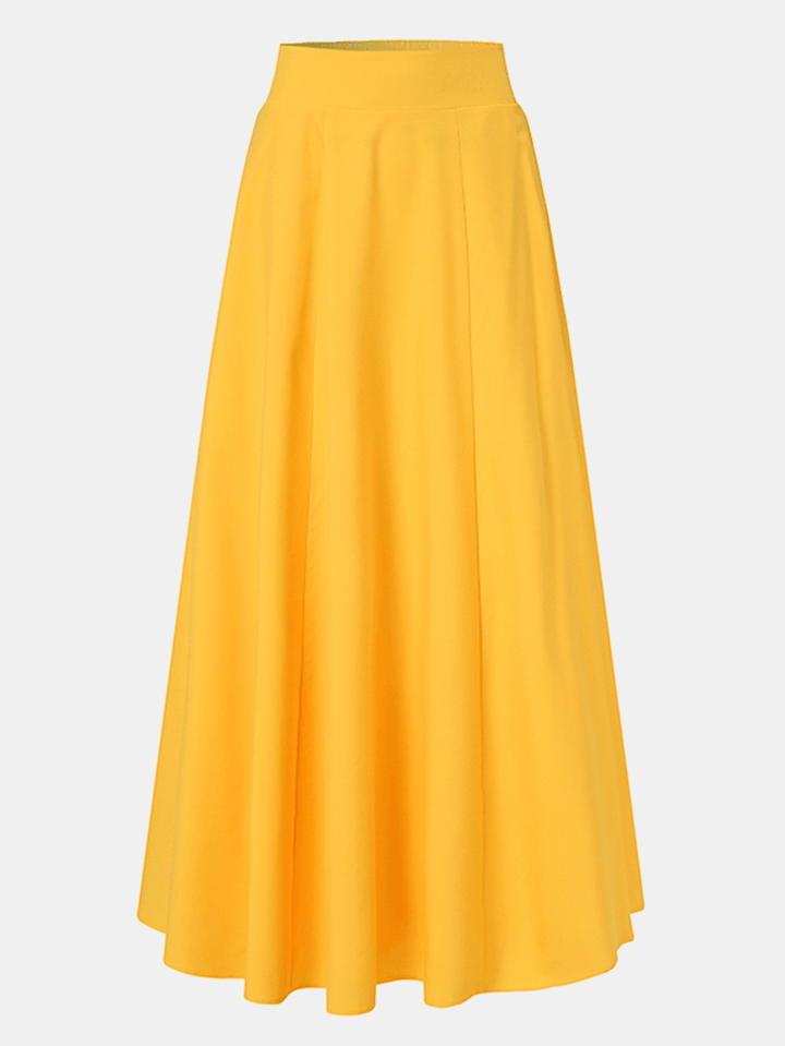 Women Solid Color A-Line Elastic Waist Casual Swing Skirts with Pocket - MRSLM