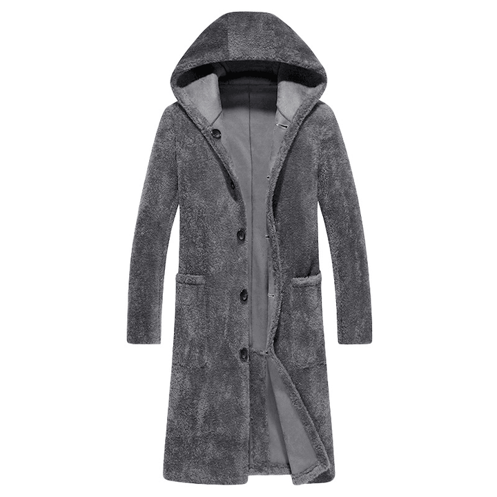 Mens Double Sided Wearable Shearling Coat Hooded Mid Long Faux Fur Woolen Coats - MRSLM