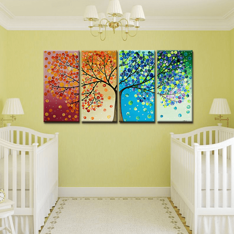 Miico Hand Painted Four Combination Decorative Paintings Four-Color Life Tree Wall Art for Home Decoration - MRSLM