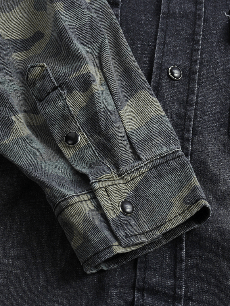 Men'S Long-Sleeved Camouflage Stitching Personality Trend Double Pocket Denim Shirts - MRSLM