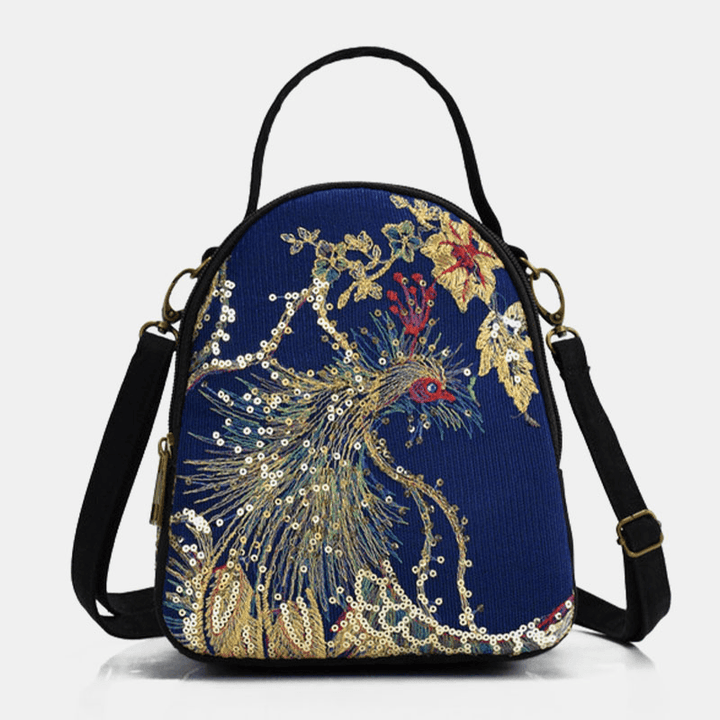Women Canvas Ethnic Style Embroidery Peacock Pattern Sequin Mini Multi-Carry Handbag Crossbody Bag - MRSLM