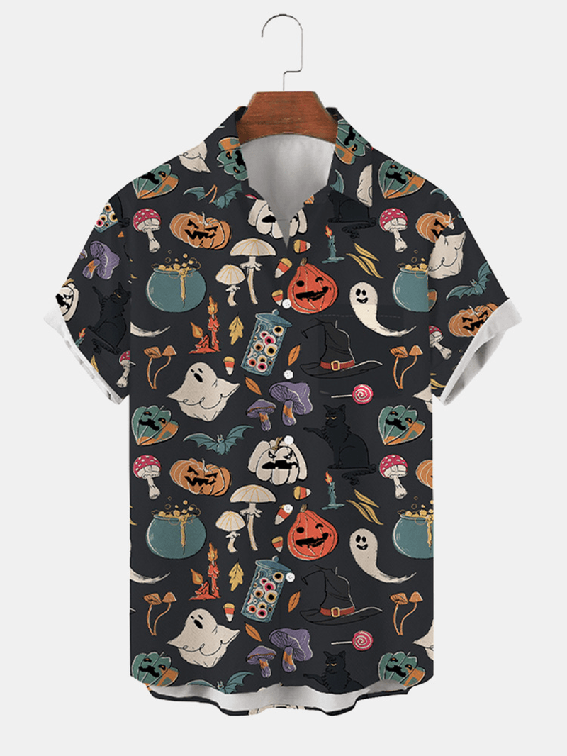 Men Halloween Pumpkin Ghost Pattern Chest Pocket Funny Shirts - MRSLM