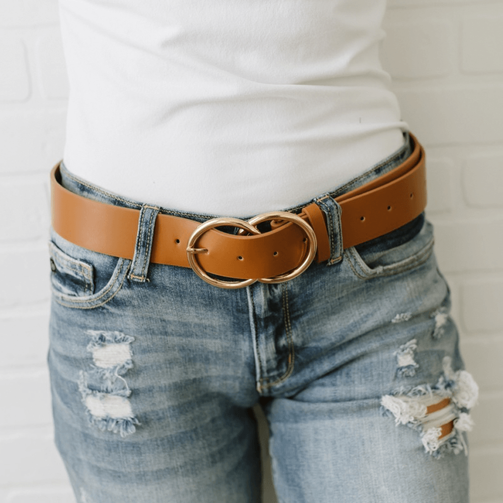 Women PU Leather Double Ring Buckle Retro Fashion Trouser Belt - MRSLM